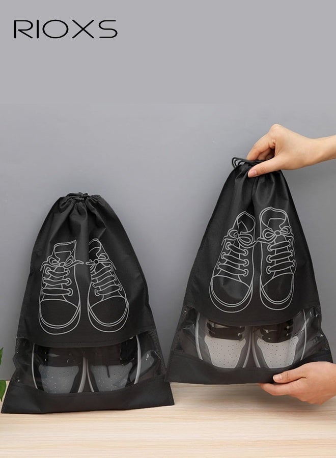 RIOXS 10 PCS Travel Shoe Bags, Shoe Organizer Pouch Storage with Dual Drawstring Closure and Clear Window, Dust-proof Non-Woven String Bags for Travel Trip Carrying Packing, Black - Image 2