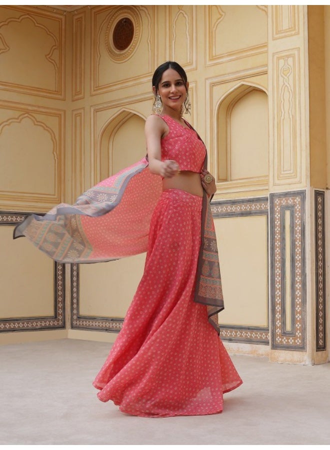 أيه كيه إس طقم لينجا شولي وردي مطبوع مع دوباتا - Image 3