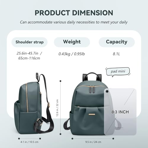 GOLF QUALITY Small Backpack for Women Cute Backpack Casual Work Daypack Purse for College Travel fit 97 Inch Dark Green - Image 3