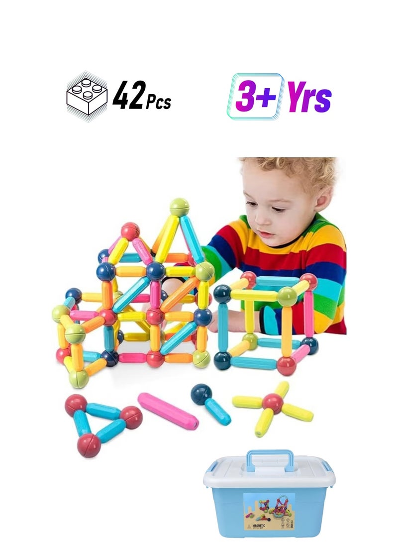 3D Magnetic Building Toys Set with Storage Box, Early  Educational Toys for Boys and Girls, Large Particle Magnetic Stick Building Blocks(42pcs,multicolor)  - Image 1