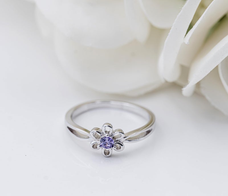 Precious Pieces 925 Sterling Silver Simulated December Birthstone Baby Ring with Flower for Little Girls (Size 4) - Image 3