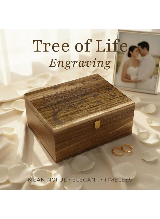 AMBER IMPRINT Keepsake Box – Wooden Keepsake Memory Box with Hinged Lid, Tree of Life Engraving, Large Acacia Wood Box 11"x8.6"x5", Felt Photo Board, Secure Latch – Storage for Photos, Letters, Jewelry, Crafts - Image 2