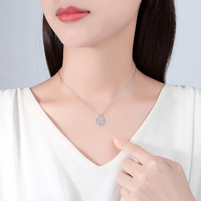 Lam Sence Sterling Silver Heart Shaped and Four Leaf Clover Convertible Pendant Necklace Crystals Jewelry for Women (WhiteGold&Pink) - Image 2