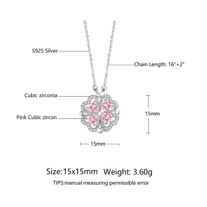 Lam Sence Sterling Silver Heart Shaped and Four Leaf Clover Convertible Pendant Necklace Crystals Jewelry for Women (WhiteGold&Pink) - Image 4