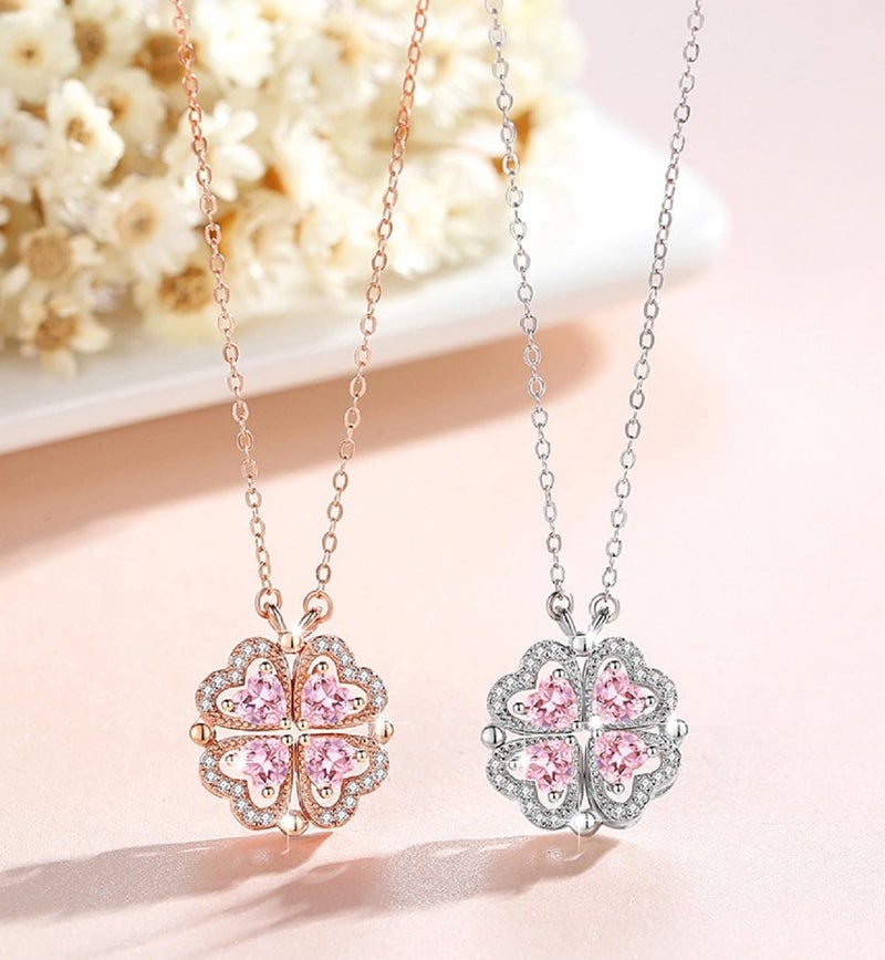 Lam Sence Sterling Silver Heart Shaped and Four Leaf Clover Convertible Pendant Necklace Crystals Jewelry for Women (WhiteGold&Pink) - Image 5