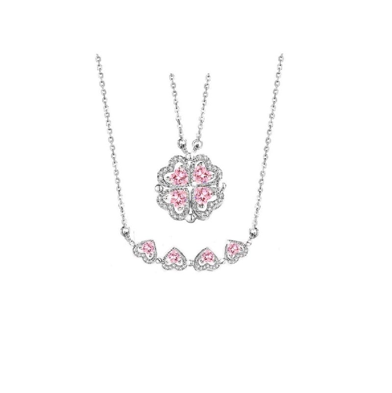 Lam Sence Sterling Silver Heart Shaped and Four Leaf Clover Convertible Pendant Necklace Crystals Jewelry for Women (WhiteGold&Pink) - Image 1