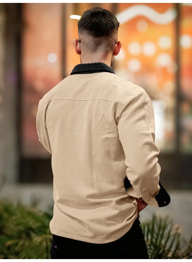 Maniac Maniac Men Solid Collared Neck Full Sleeve Biscuit and Black Cotton Shirt