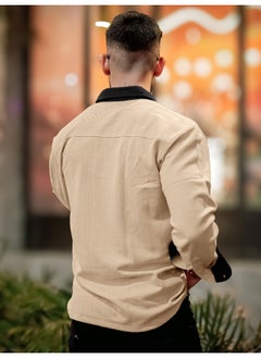 Maniac Maniac Men Solid Collared Neck Full Sleeve Biscuit and Black Cotton Shirt  - Image 4