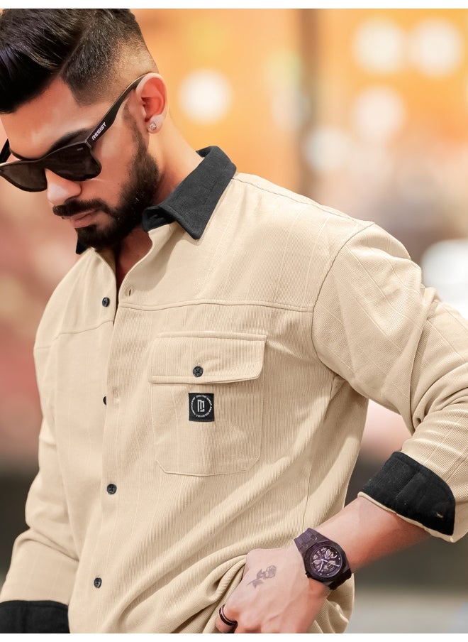 Maniac Maniac Men Solid Collared Neck Full Sleeve Biscuit and Black Cotton Shirt  - Image 1