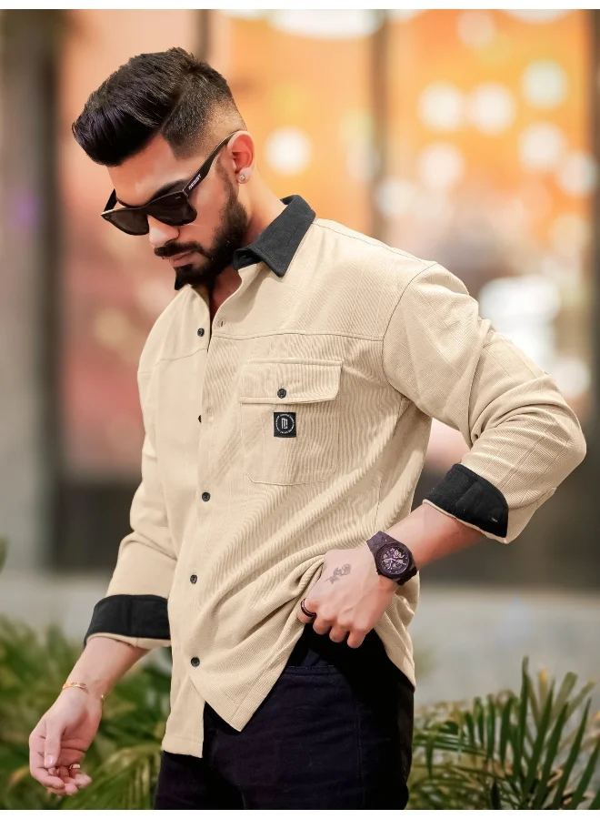 Maniac Maniac Men Solid Collared Neck Full Sleeve Biscuit and Black Cotton Shirt