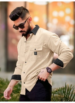 Maniac Maniac Men Solid Collared Neck Full Sleeve Biscuit and Black Cotton Shirt  - Image 5