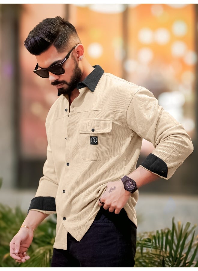 Maniac Maniac Men Solid Collared Neck Full Sleeve Biscuit and Black Cotton Shirt  - Image 5