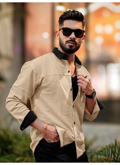 Maniac Maniac Men Solid Collared Neck Full Sleeve Biscuit and Black Cotton Shirt  - Image 3