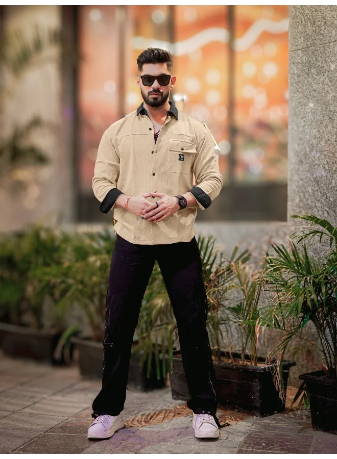 Maniac Maniac Men Solid Collared Neck Full Sleeve Biscuit and Black Cotton Shirt