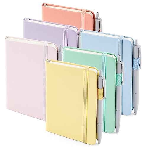 feela 6 Pack Pocket Small Notebooks Bulk, Mini Cute Memo Notepads Hardcover College Ruled Lined Journals with Pen Holder for Women Girls Office School, with 6 Black Pens, 3.5”x 5.5”, A6, Pastel Colors - Image 1
