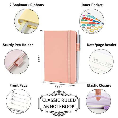 feela 6 Pack Pocket Small Notebooks Bulk, Mini Cute Memo Notepads Hardcover College Ruled Lined Journals with Pen Holder for Women Girls Office School, with 6 Black Pens, 3.5”x 5.5”, A6, Pastel Colors - Image 2