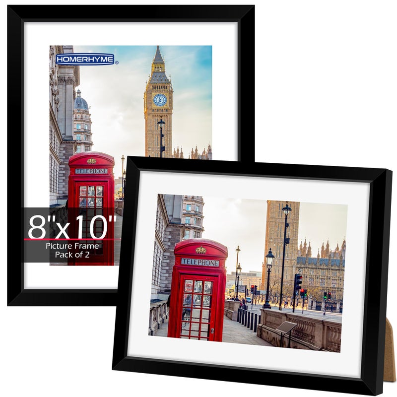HOMERHYME 8x10 Picture Frame Set of 2, Black Photo Frame for Tabletop or Wall Display, Display Pictures 5x7 with Mat or 8x10 Without Mat, Frame Collage with HD Plexiglass for Gallery Wall Home Decor - Image 1