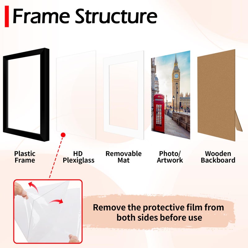 HOMERHYME 8x10 Picture Frame Set of 2, Black Photo Frame for Tabletop or Wall Display, Display Pictures 5x7 with Mat or 8x10 Without Mat, Frame Collage with HD Plexiglass for Gallery Wall Home Decor - Image 2