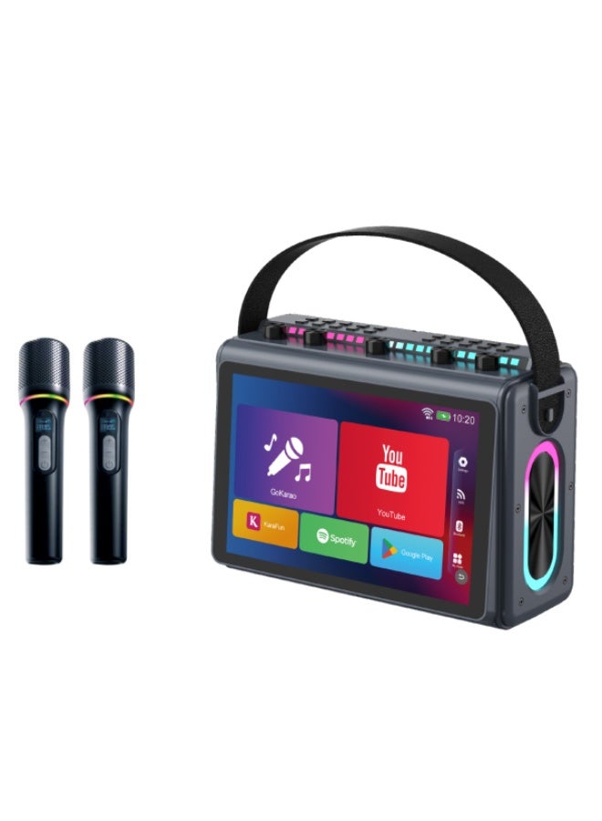 TOPI TP-T9 Portable Karaoke Speaker with 10.1″ HD Touch Screen, Android OS, Bluetooth 5.3, Dual Wireless Mics & RGB LED Lights