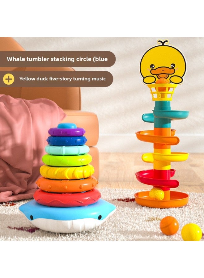 Rainbow Tower Jengle Baby Toys Children's Educational Early Education 0-1 Year Old Baby Large Tumbler Folding Ring-Color:[Blue] Whale Tumbler Stacking Ring✨Yellow Duck Five-layer Transfer - Image 1