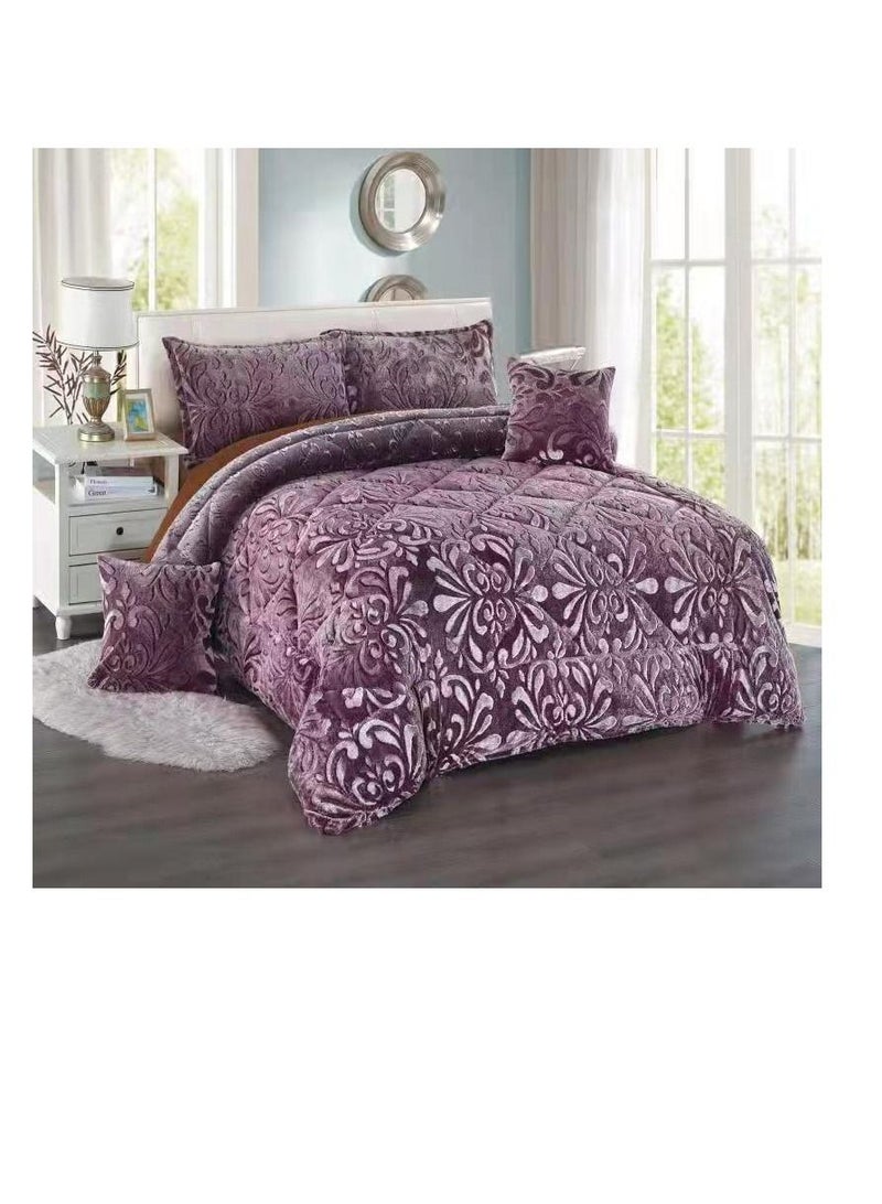 6 Pieces Set King Size Velvet , Faux Fur, Floral Pattern, Comforters violet 