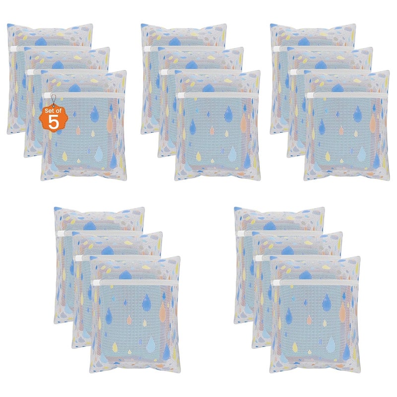 Kuber Industries Set of 15 Polyester Mesh Laundry Bag with Zip Reusable Washing Bags for Washing Machine Ideal for Delicate Fabrics Lingerie Shoes Protection YZ82 Drop Print White - Image 1