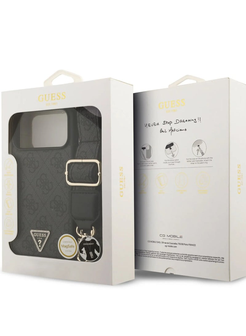 GUESS iPhone 17 Pro MagSafe Case Cover / 4G Pattern PU Leather Case with Lanyard & Triangle Logo - Black - Image 5