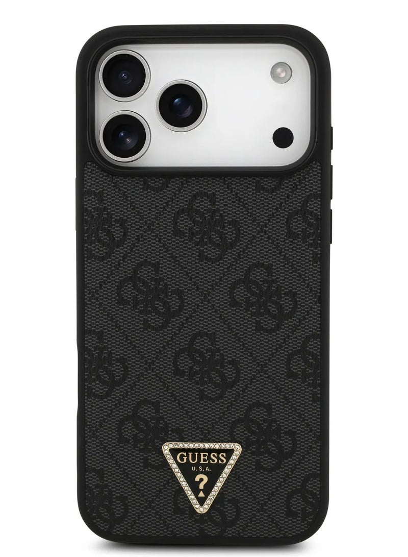 GUESS iPhone 17 Pro MagSafe Case Cover / 4G Pattern PU Leather Case with Lanyard & Triangle Logo - Black - Image 1