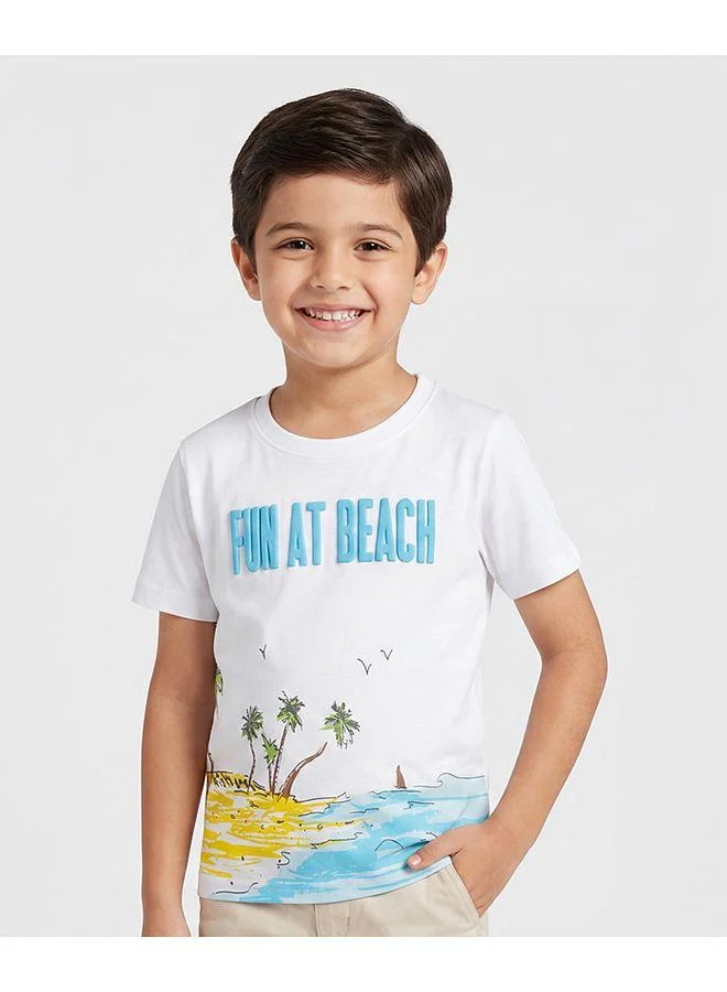 Pine Kids Pine Kids Cotton Knit Half Sleeves T-Shirt with Beach Theme Print - White