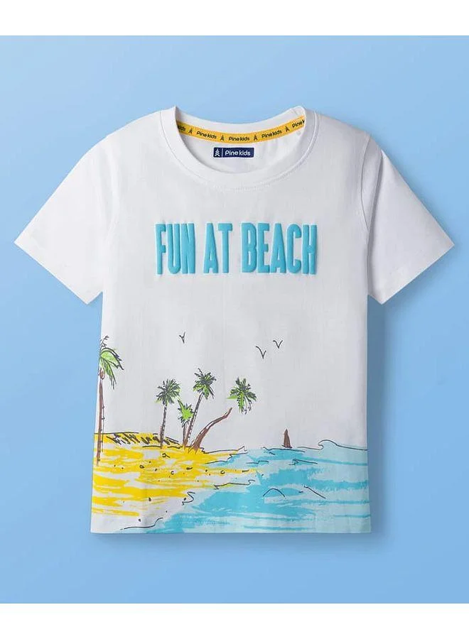 Pine Kids Pine Kids Cotton Knit Half Sleeves T-Shirt with Beach Theme Print - White