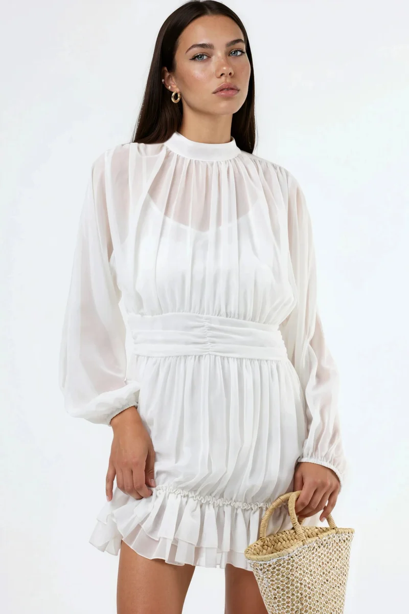جينيفر Frilly Turtleneck Mini Dress