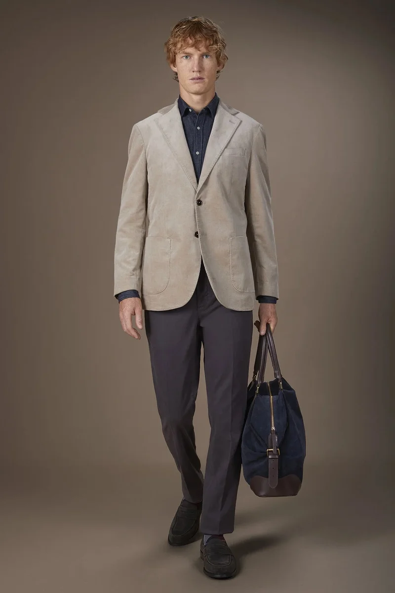 Men's single-breasted velvet jacket - Beige