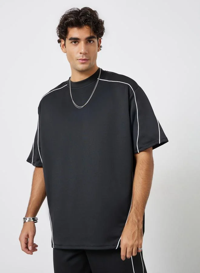 Styli Men Black Oversized Piping Detail T-Shirt and Pants Co-Ords