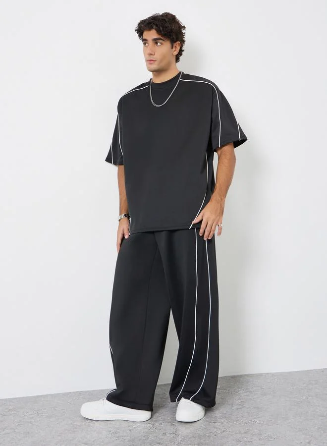 Styli Men Black Oversized Piping Detail T-Shirt and Pants Co-Ords
