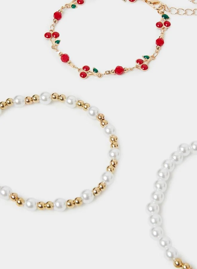Styli  Pack of 3 - Multi-Color Cherry Charm Bracelets with Pearls and Gold Beads for Women | Best Price UAE