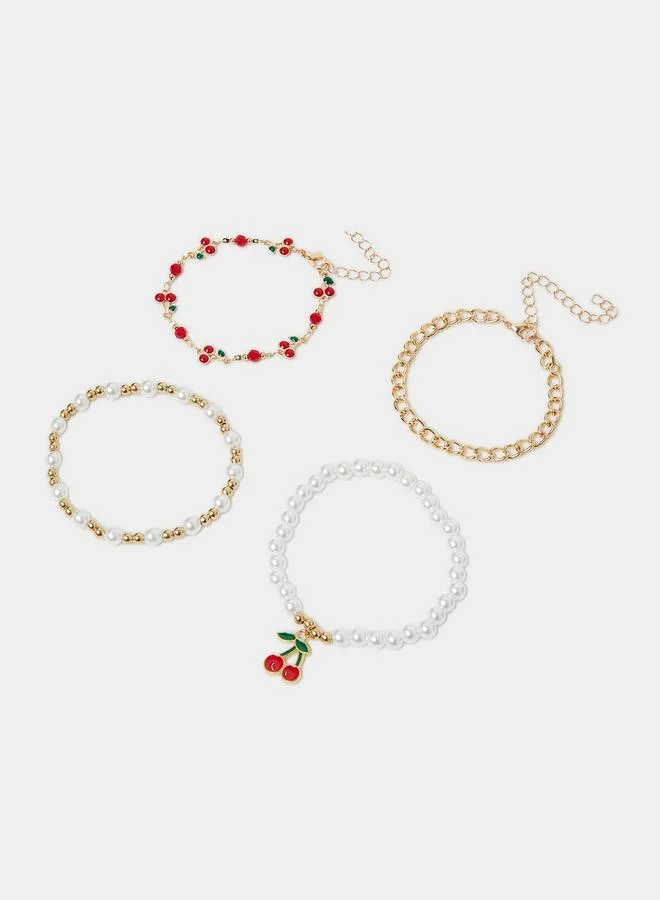 Styli  Pack of 3 - Multi-Color Cherry Charm Bracelets with Pearls and Gold Beads for Women | Best Price UAE
