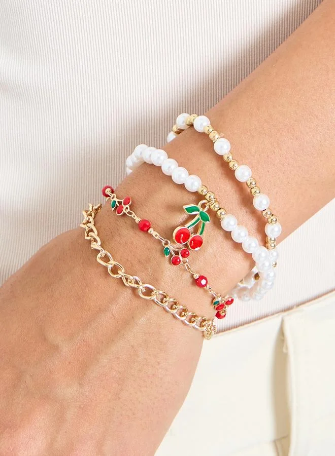 Pack of 3 - Multi-Color Cherry Charm Bracelets with Pearls and Gold Beads