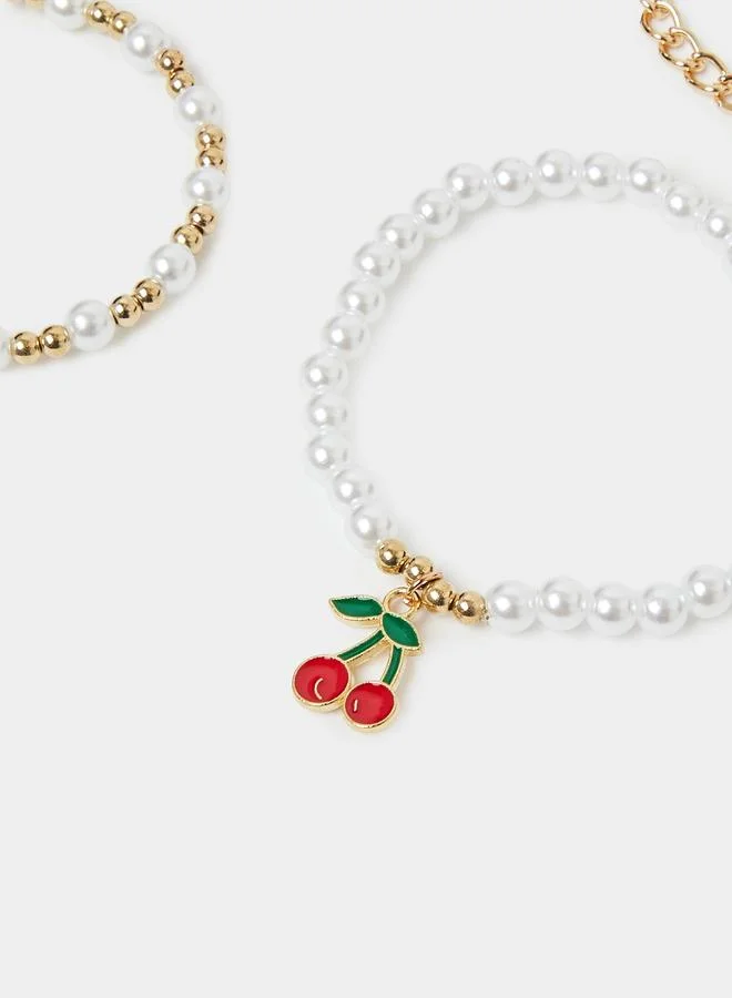 Styli  Pack of 3 - Multi-Color Cherry Charm Bracelets with Pearls and Gold Beads for Women | Best Price UAE