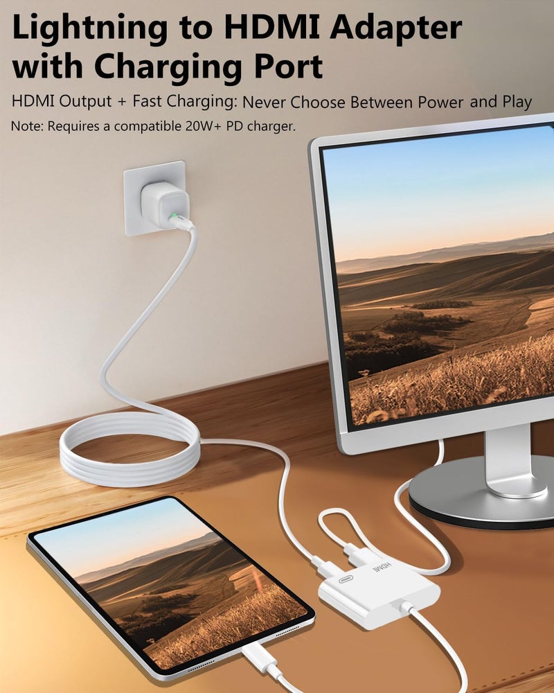 [معتمد من Apple MFi] محول Lightning إلى HDMI لـ iPhone، دونجل AV رقمي، كابل شاشة متزامن بدقة 1080 بكسل مع منفذ شحن Lightning لـ iPhone، iPad إلى تلفزيون/بروجيكتور/شاشة (يحتاج إلى مصدر طاقة) - Image 4