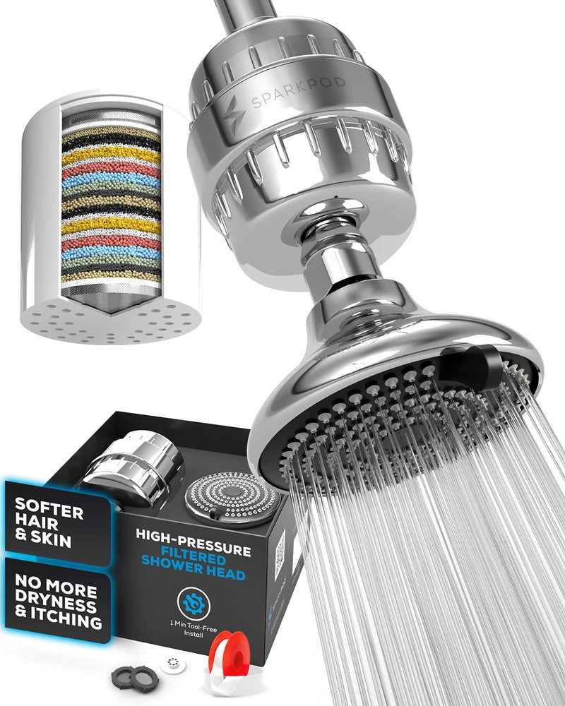 SparkPod 23-Stage Filtered Shower Head with 3 Spray Settings - High Pressure Shower Head with Filters for Dry Hair and Skin - Showerhead with Filter Reduces Chlorine & Heavy Metals (Polished Chrome) - Image 1
