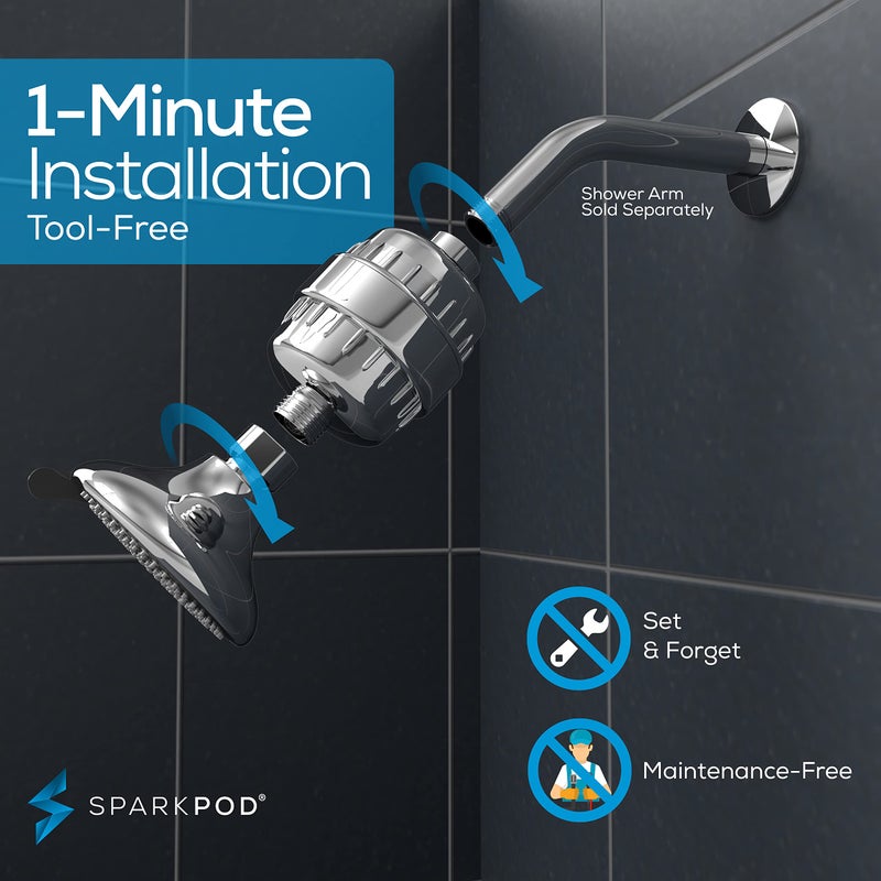 SparkPod 23-Stage Filtered Shower Head with 3 Spray Settings - High Pressure Shower Head with Filters for Dry Hair and Skin - Showerhead with Filter Reduces Chlorine & Heavy Metals (Polished Chrome) - Image 5