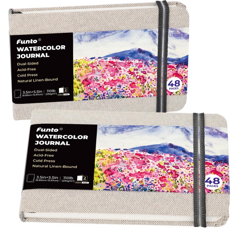 Funto Watercolor Journal 35x55 2 Pack 24 Sheets Each ColdPressed with Inner Pocket 110lb230gsm Suitable for Techniques and Mixed Media