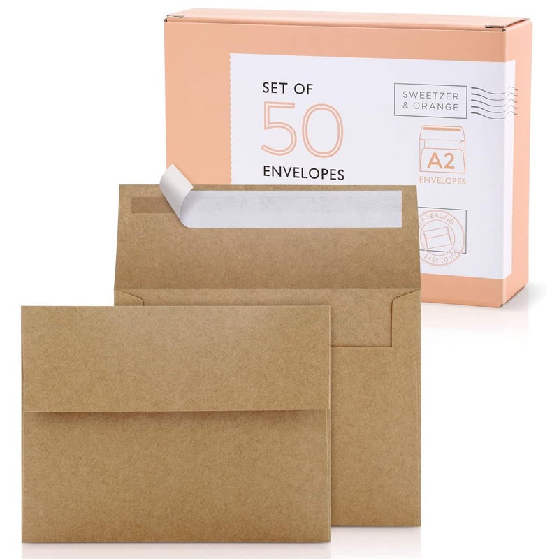 Sweetzer Orange A2 Envelopes Brown Self Seal Paper Mailers 50 with Box Luxury 150gsm For Greeting Card and Invitation Holders 4375 x 575 Photos Wedding RSVP Cards Plain Mailing Inserts