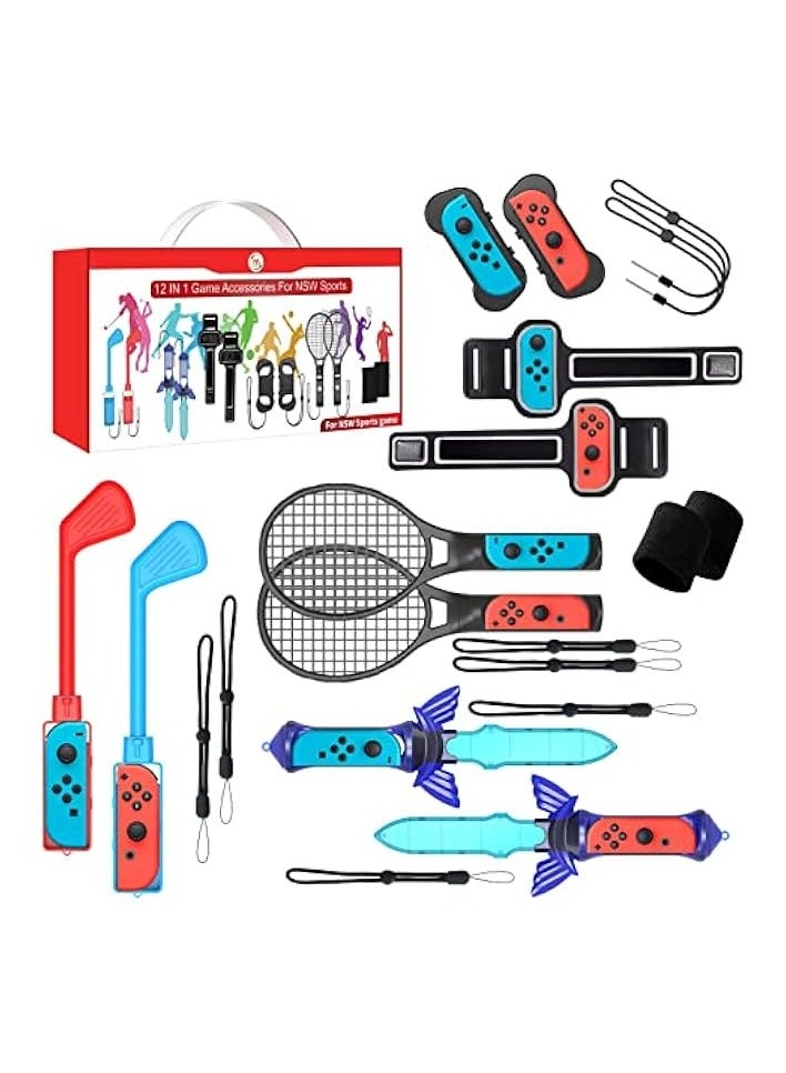 PROMASS 2022 Switch Sports Accessories Bundle - 12 in 1 Family Accessories Kit for Nintendo Switch Sports Games: Tennis Rackets, Sword Grips, Golf Clubs, Wrist Dance Bands & Leg Strap, Joy-con Wrist Band - Image 1