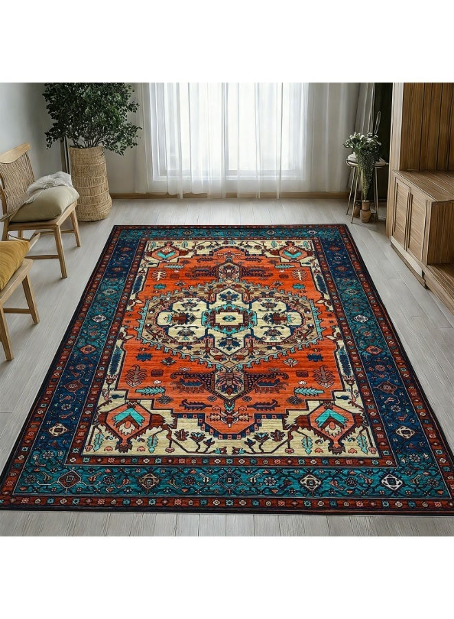 Polyester Indoor/Outdoor Area Rug with Non-Slip Backing, Orange-Red & Sapphire Blue Bohemian Design - Image 3