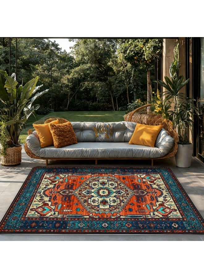 Polyester Indoor/Outdoor Area Rug with Non-Slip Backing, Orange-Red & Sapphire Blue Bohemian Design - Image 1