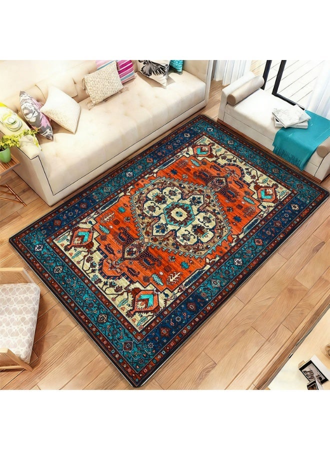 Polyester Indoor/Outdoor Area Rug with Non-Slip Backing, Orange-Red & Sapphire Blue Bohemian Design - Image 4