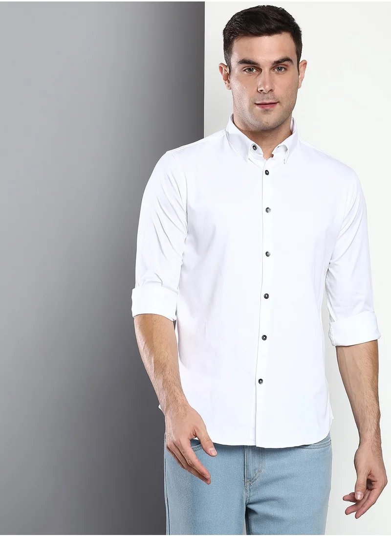 دينيس لينغو Slim Fit White Men's Solid Shirt, Button Down Collar, Full Sleeves, 100% Cotton