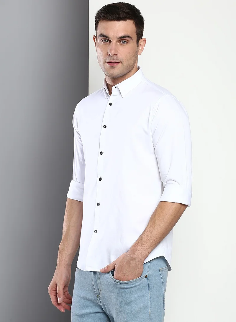 Dennis Lingo Slim Fit White Men's Solid Shirt, Button Down Collar, Full Sleeves, 100% Cotton