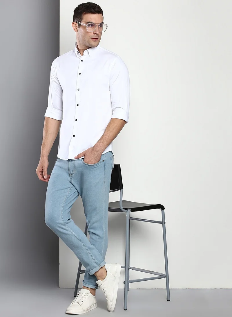 Dennis Lingo Slim Fit White Men's Solid Shirt, Button Down Collar, Full Sleeves, 100% Cotton